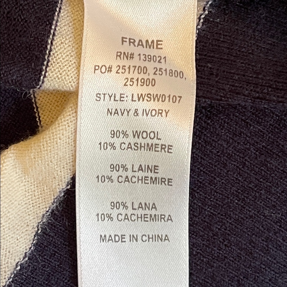 FRAME Wool Cashmere Striped Sweater Navy Ivory Gold Button Pullover Women’s L - Picture 5 of 5